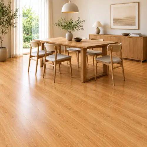 Golden oak wood-grain vinyl flooring installed in a Dubai dining room