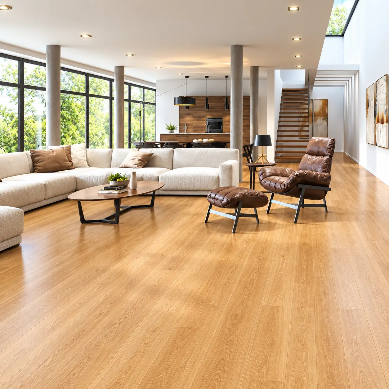 Modern Dubai villa living room with premium vinyl flooring installation