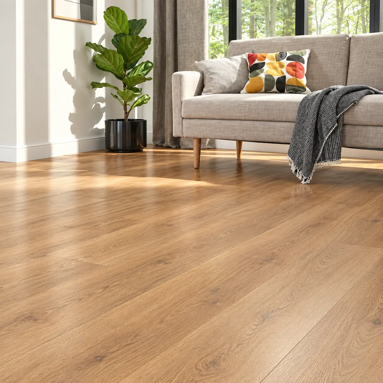 Bright Dubai living room with wide-plank wood-look SPC vinyl flooring, ideal for the climate