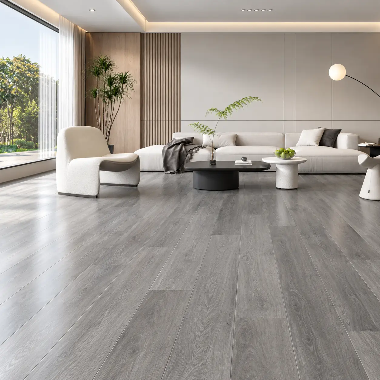 Modern Dubai villa living room with grey wood-look vinyl flooring