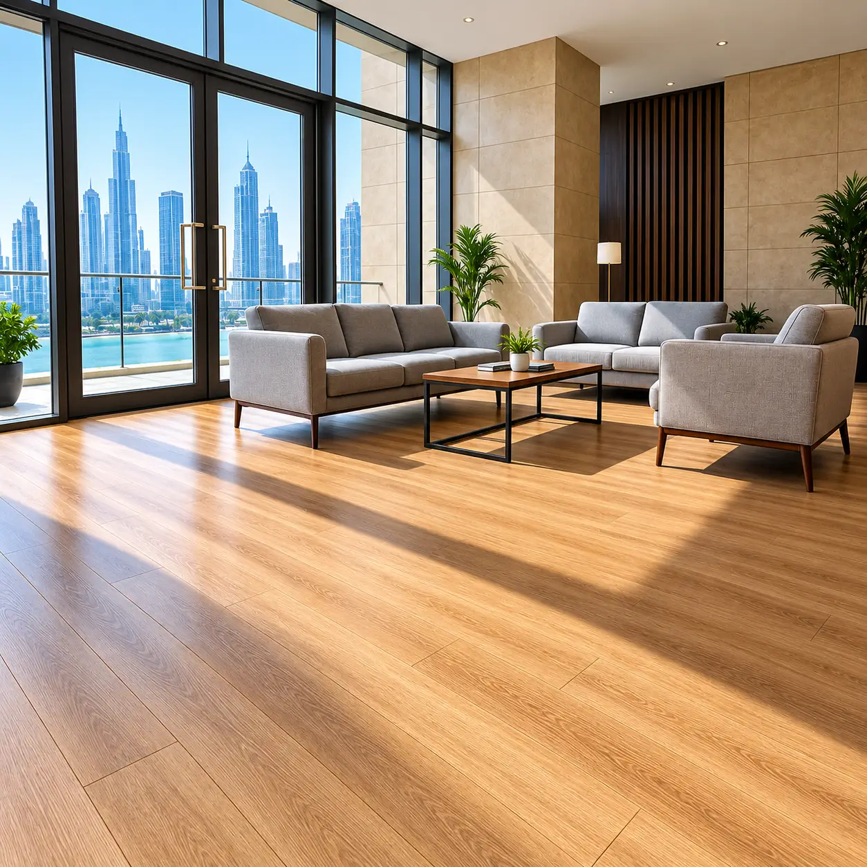 Luxury vinyl flooring installed in a modern Dubai Marina apartment living room with skyline view