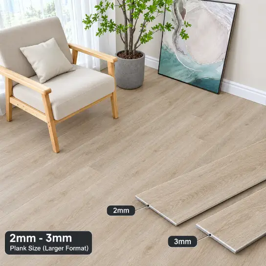 Light oak budget vinyl plank flooring in 2mm and 3mm thickness in a Dubai living room