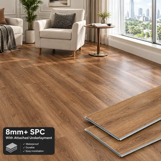 Honey oak 8mm SPC vinyl plank flooring with attached underlayment in a Dubai apartment with city views
